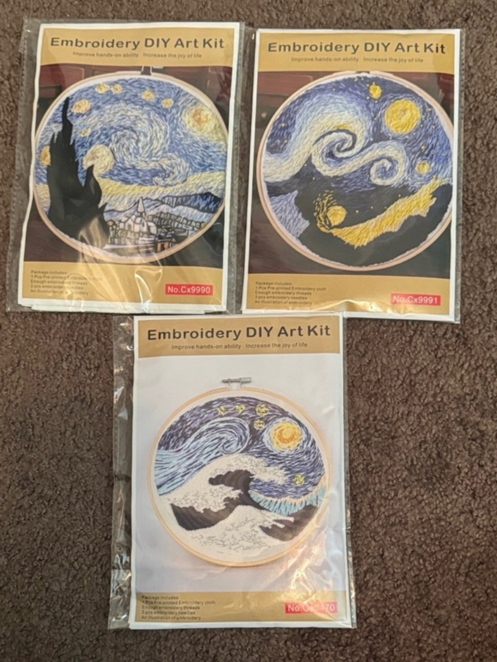 Embroidery DIY Art Kit - Starry Night Inspired - Navy, Yellow, White